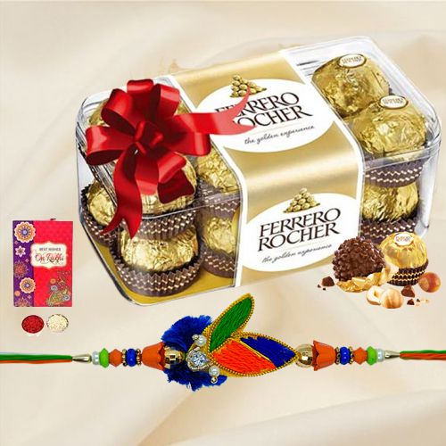 16 pcs Ferrero Rocher Chocolate Pack with Rakhi and Roli Tilak Chawal