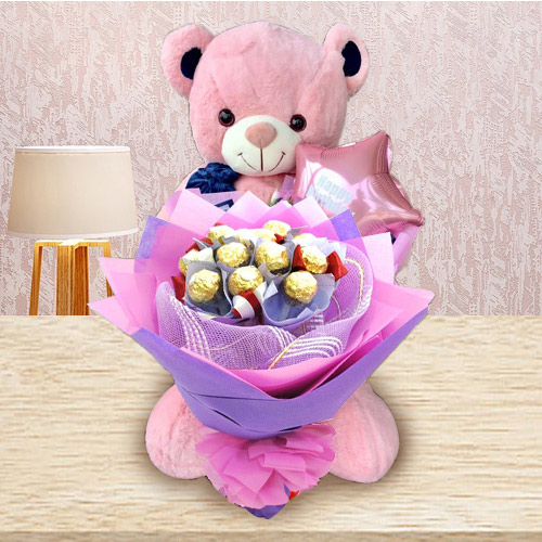 Remarkable Ferrero Rocher Bouquet Teddy N Mylar Balloon