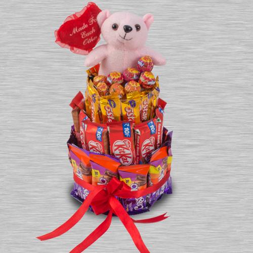 Delightful 4 Layer Chocolates n Teddy Arrangement