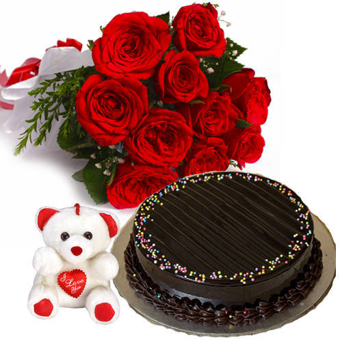 Elegant Roses Bunch with Truffle Cake   Teddy