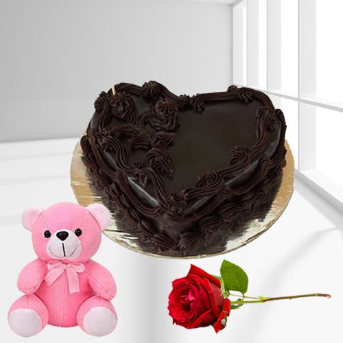 Yummy Heart Shaped Choco Cake with Teddy N Rose