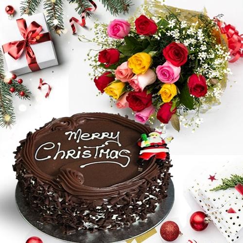 Chocolaty Cake with Mix Roses Bunch Gift Combo for Xmas