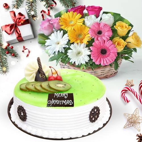 Tasty Kiwi Cake with Seasonal Flowers Basket