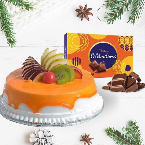 Delicious Fresh Fruits Cake with Cadbury Celebrations Pack