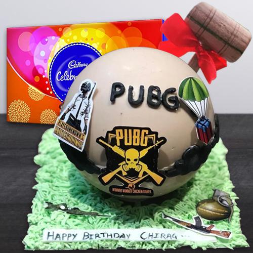 Marvelous PUBG Styled Smash Cake with Hammer n Cadbury Celebrations Pack