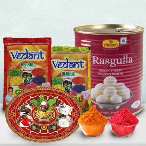 Holi Delight Haldiram Rasgulla Puja Thali N Herbal Gulal Gift Combo