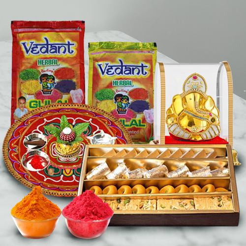 Rang Barse Combo of Herbal Gulal Puja Thali Ganesh Mandap N Assoorted Sweets