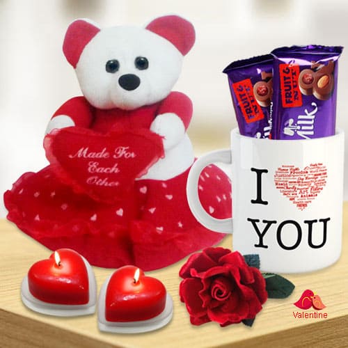 Valentines Day Combo of Teddy with Heart, Cadbury Chocolates, Heart Shape Candle n a Love Mug