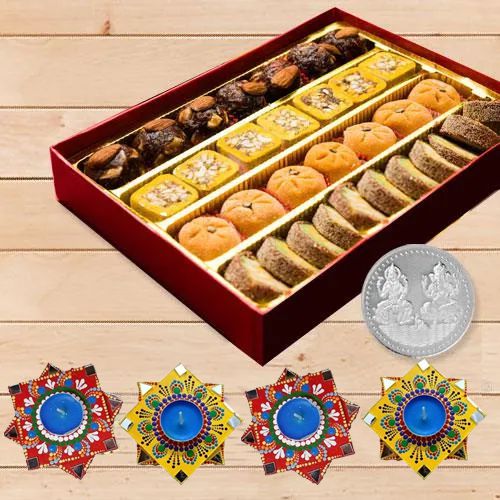 Premium Assorted Mawa Sweets with Handmade Designer Diya, Free Coin