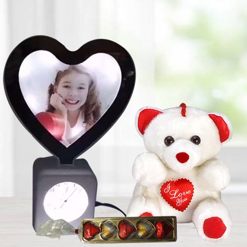 Charming Valentine Gift of Personalized Photo Lamp Clock with Chocolates n Cute Teddy