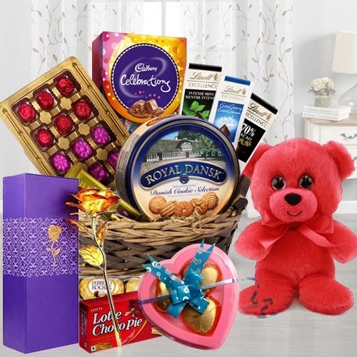 Delightful Chocolate Temptations Gift Hamper with Teddy, Lamp N Plant