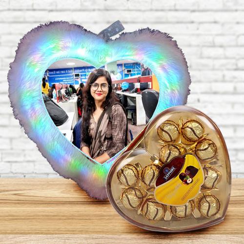 Fantastic Personalized LED Heart Fur Cushion with Sapphire Chocolates