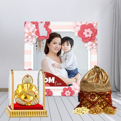 Wonderful Personalized Photo Tile with Dry Fruits and Ganesh Idol