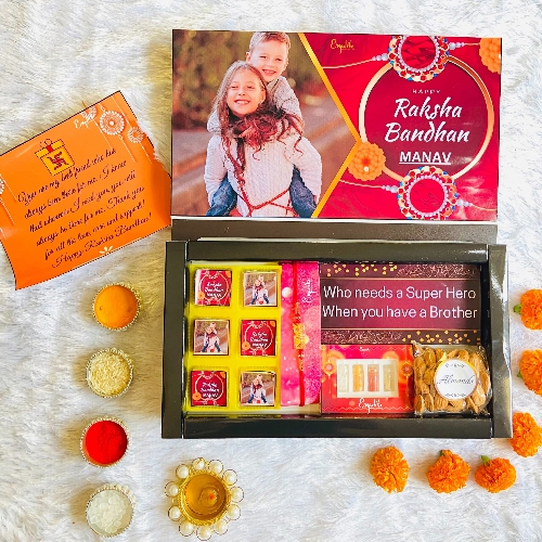 Trendy Rakhi with Treats Personalized Gift Set