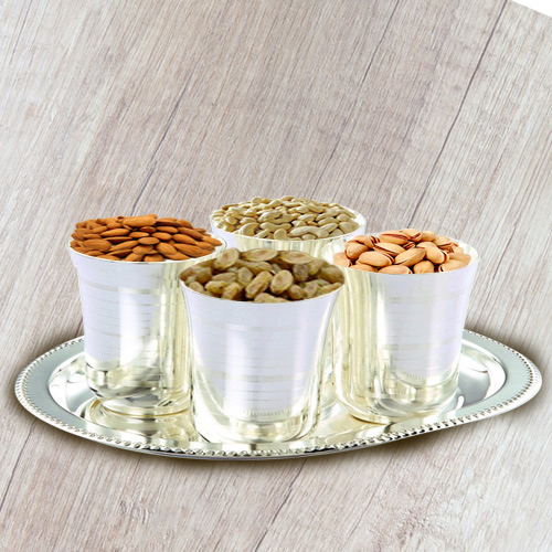 Dry Fruits with Silver Plated Glasses and Tray