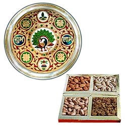 Exquisite Subh Labh Stainless Steel Thali with Assorted Dry Fruits