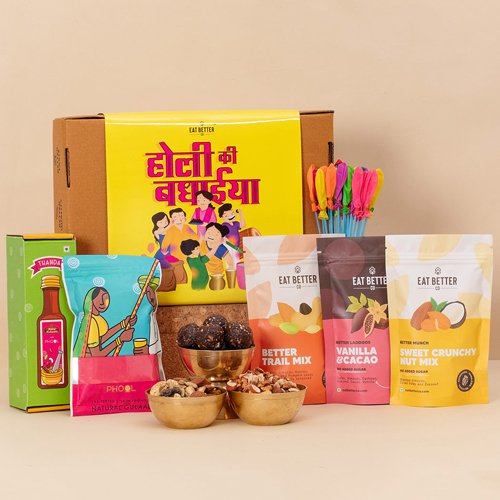 Attractive Holi Gift Hamper of Natural Gulal with Thandai N Treat Assortments