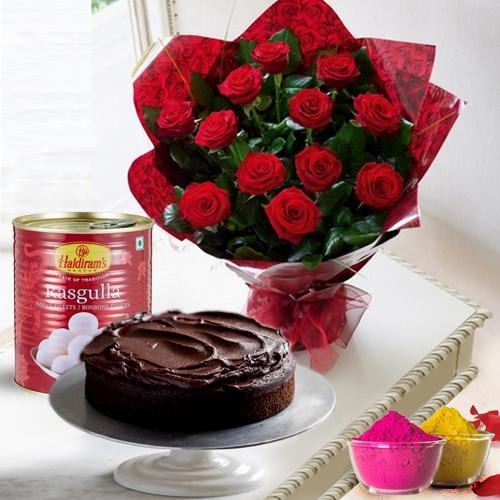 12 Red Roses and Haldiram Rasgulla with Eggless Cake 1 Kg.