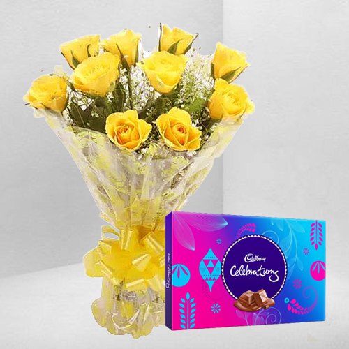 Exotic Yellow Rose Bouquet with Cadbury Celebration