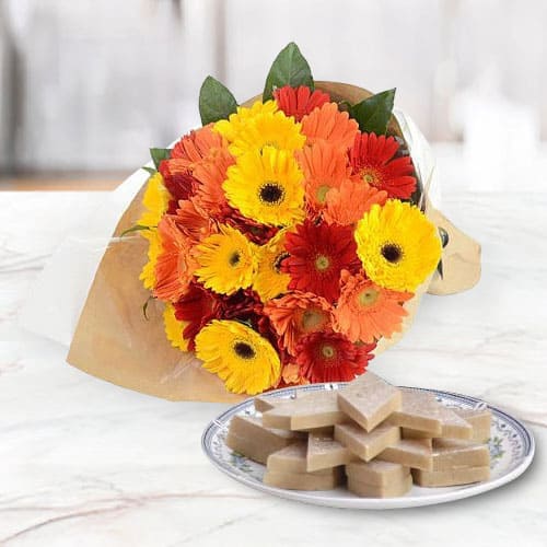 Exclusive Mixed Gerberas Arrangement with Kaju Katli