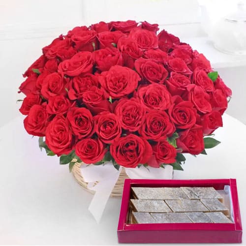 Kaju Barfi N Red Roses Basket Arrangement