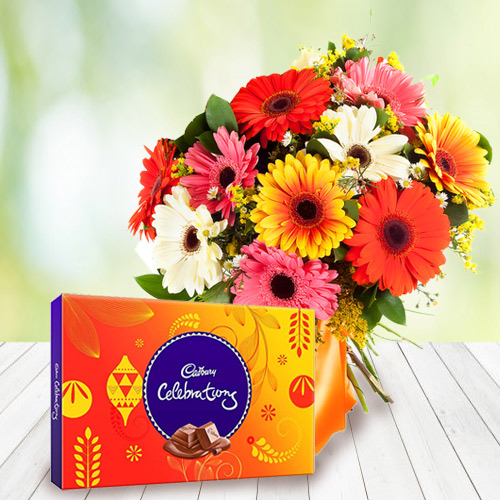 Tasty Cadbury Celebrations with Mixed Gerberas Bouquet