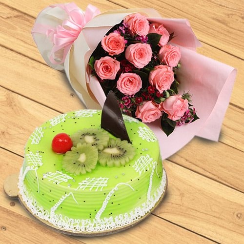 Bouquet of 10 Pink Roses with 1 kg Kiwi Cake