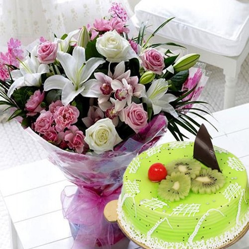 Mixed Flowers Bouquet with 1 kg Kiwi Cake
