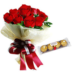 Delectable Ferrero Rocher with Red Roses Bouquet