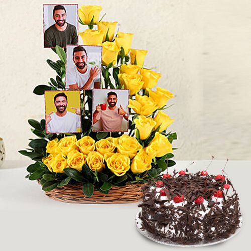 Spectacular Basket of Yellow Roses n Personalized Pic with Black Forest Cake