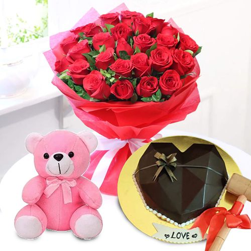 Gorgeous Red Roses Bouquet with Chocolate Heart Pinata Cake n Teddy