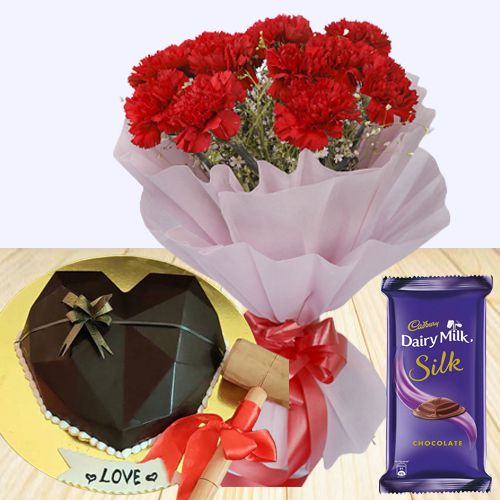 Radiant Red Carnations Bouquet Chocolate Love Hammer Cake n Cadbury Silk Gift Combo