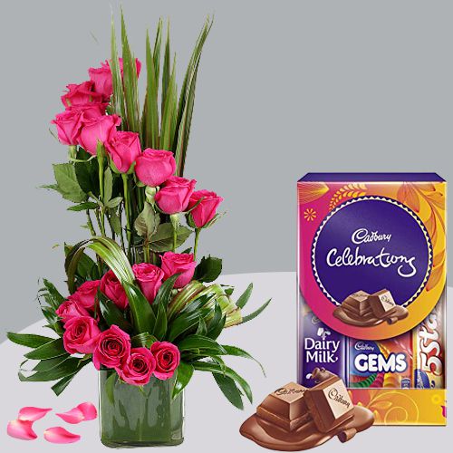 Swirly Pink Roses in Glass Vase n Cadbury Celebrations