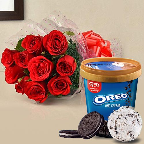 Beautiful Red Roses Bouquet with Kwality Walls Oreo Ice Cream Tub