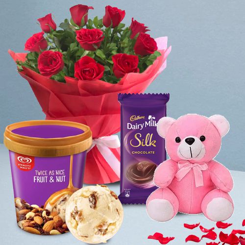 Magnificent Red Roses n Kwality Walls Twin Flavor Ice Cream with Teddy n Cadbury Silk