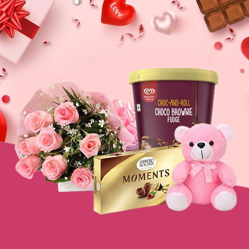 Styled Pink Roses n Kwality Walls Choco Brownie Ice Cream with Ferrero Moments n Teddy