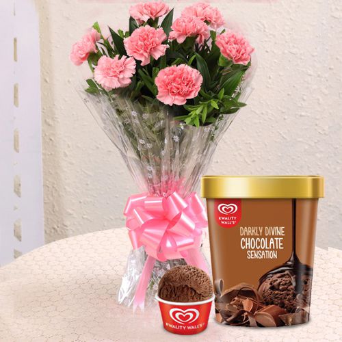 Charming Pink Carnations with Chocolate Ice-Cream from Kwality Walls