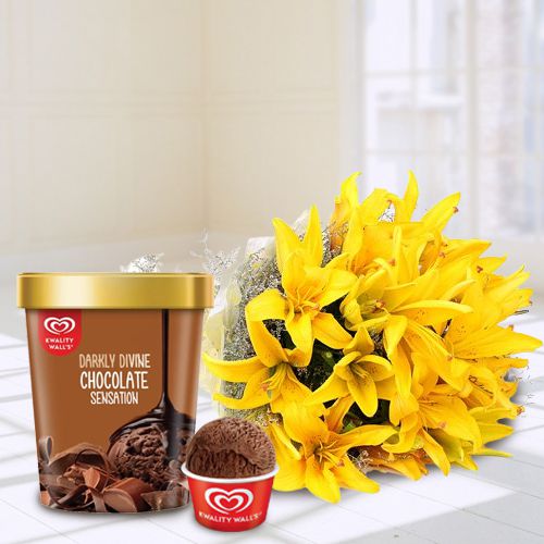Bright Yellow Lilies Bouquet with Chocolate Ice-Cream from Kwality Walls
