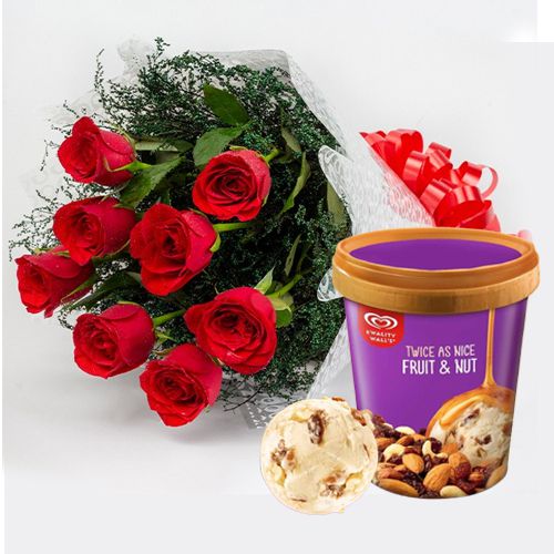 Graceful Red Roses Bouquet with Fruit n Nut Ice-Cream from Kwality Walls