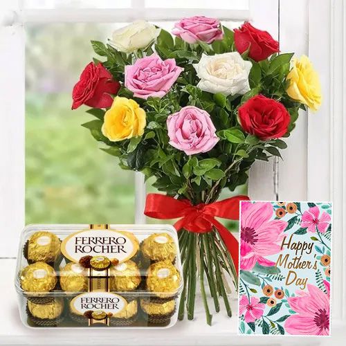 Attractive Mixed Roses Bunch with Ferrero Rocher and Moms Day Card