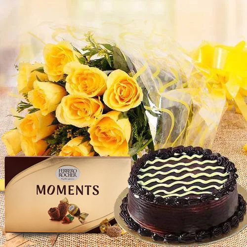 Yummy Chocolate Cake with Yellow Rose Bouquet N Ferrero Rocher Moment