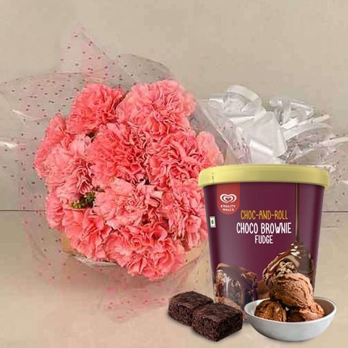 Exotic Bouquet of Pink Carnation with Kwality Walls Choco Brownie Fudge Ice Cream
