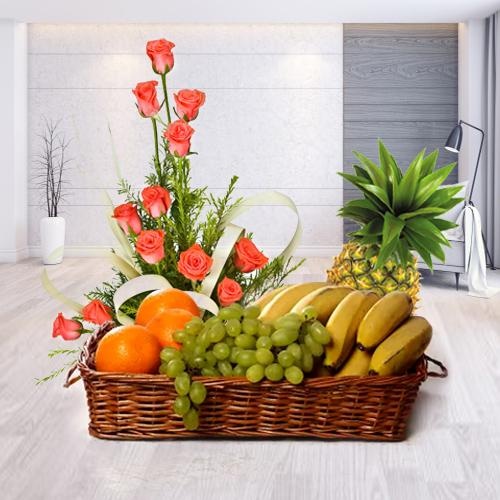 Basket of Fresh Fruits N Pink Roses