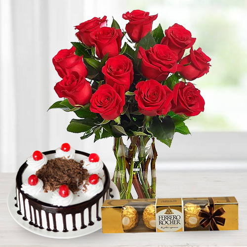 Stunning Bouquet of Red Roses with Ferrero Rocher and Black Forest Cake