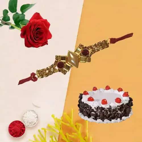Tasty Black Forest Cake and 1 Fresh Red Rose with Free Rakhi Roli Tilak and Chawal for your Beloved Ones