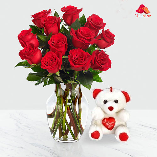 12 Dutch Red Roses in Vase with a Cute Teddy Bear