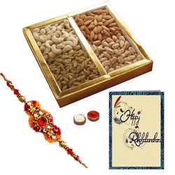Delectable Gift Pack of Mixed Dry Fruits with Free Rakhi Roli Tilak and Chawal for the Occasion of Raksha Bandhan
