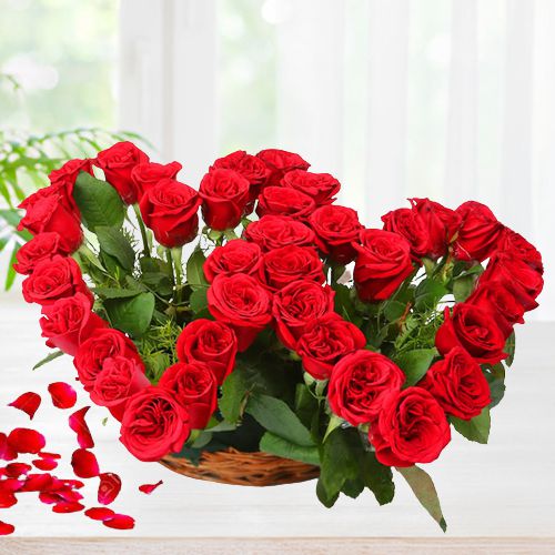 Arresting Twin Heart Red Roses Basket Arrangement