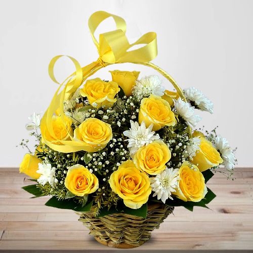 Sun-Shine Basket of 20 Yellow Roses with 2 White Daisies