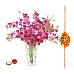 Lovely Bunch of Purple Orchids in a Vase with Free Rakhi Roli Tika and Chawal for your Loving Brother (Only for Major Cities / Towns)